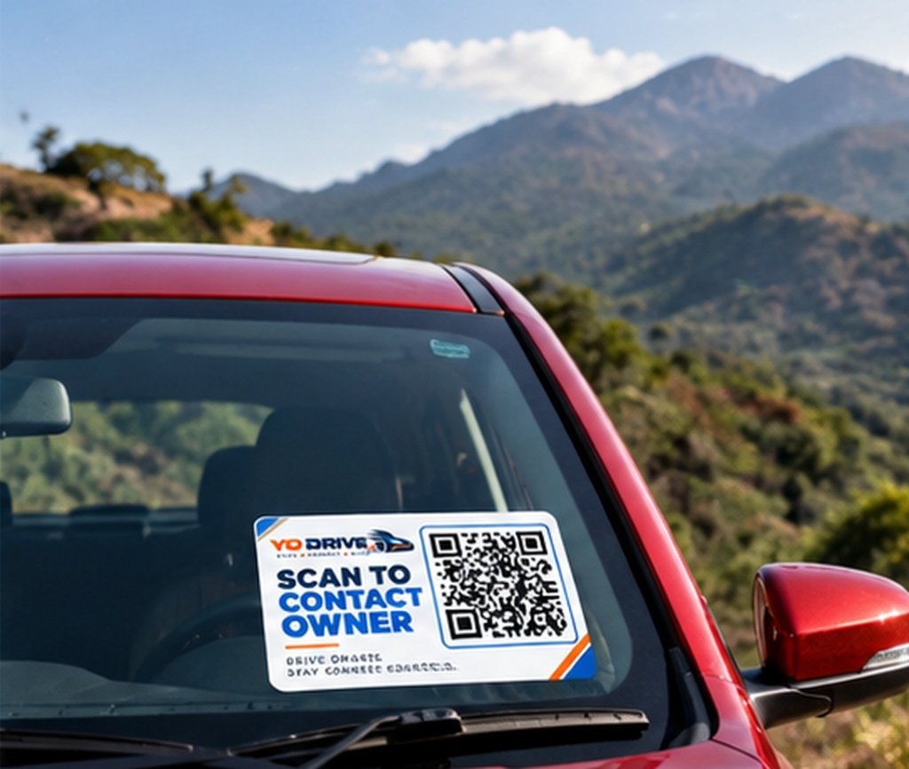 YO DRIVE QR Tag on Red Car Windshield in Mountains
