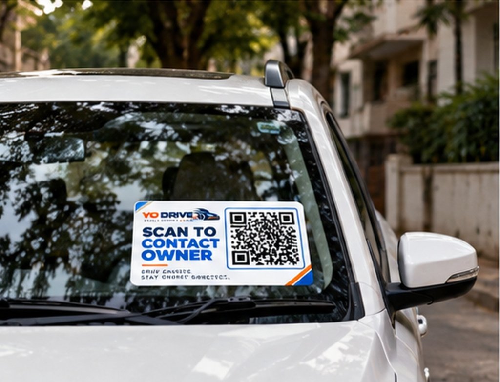 YO DRIVE QR Tag on White Car Windshield on Residential Street